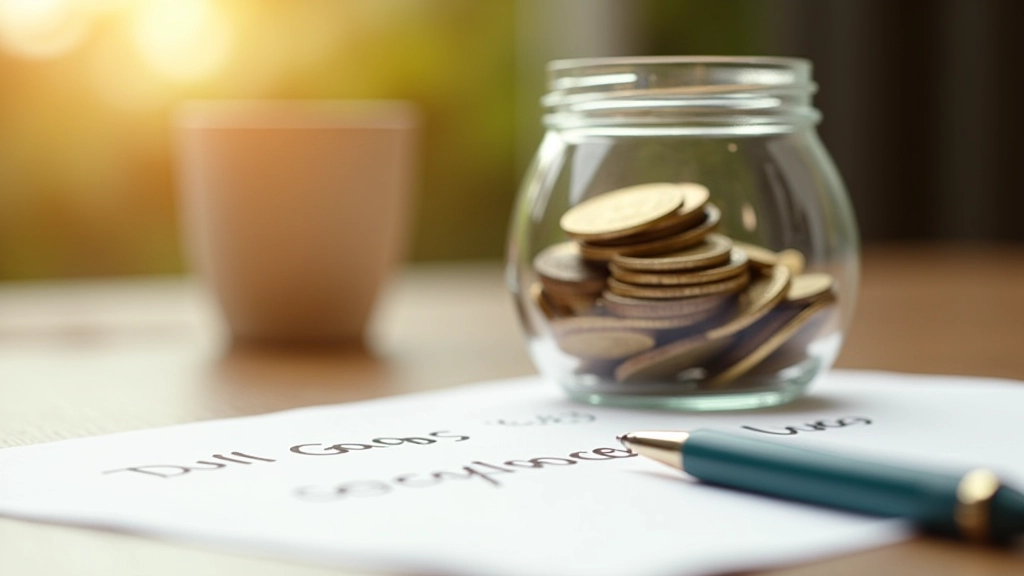 Oszczędności na cele — słoik ze złotymi monetami, notatki z celami finansowymi na papierze