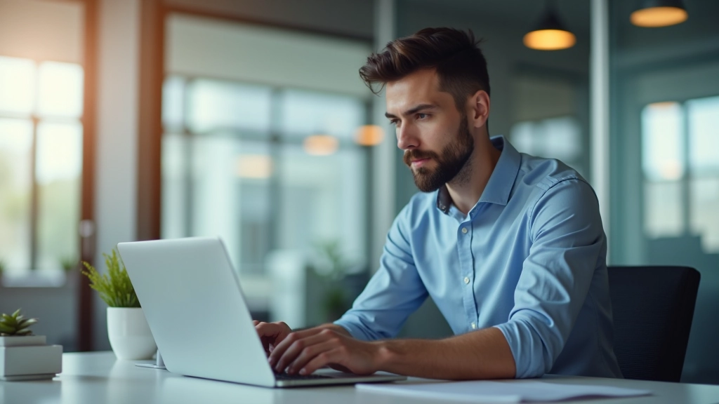 Profesjonalny mężczyzna w biurze pracuje przy laptopie w nowoczesnym środowisku pracy