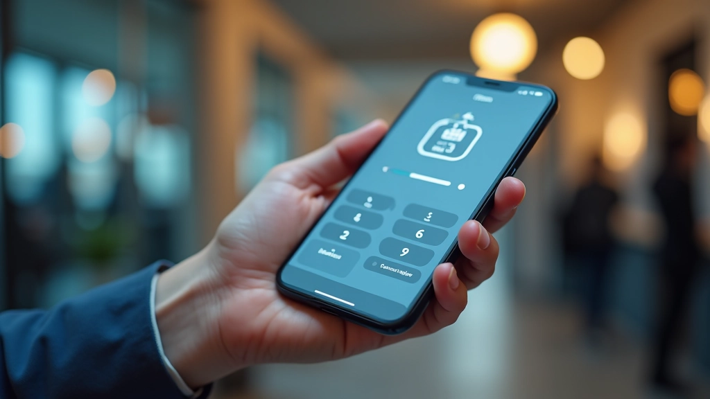Smartfon z aplikacją bankową, ekran pokazujący interfejs mobilny, nowoczesne biuro w tle