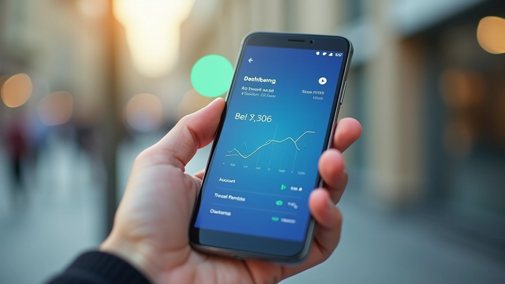 Smartfon z wyświetloną aplikacją bankową, pulpit konta z saldem i ostatnimi transakcjami