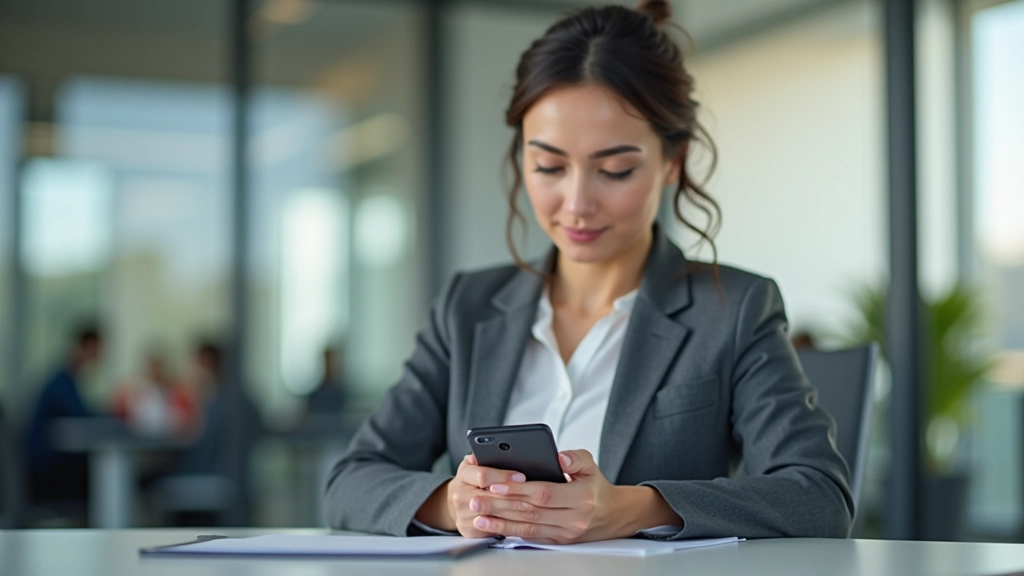 Kobieta w biurze korzystająca z aplikacji bankowej na telefonie, widoczne powiadomienia o transakcjach